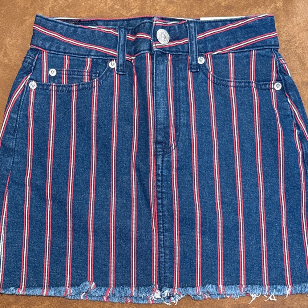 American Eagle Outfitters Blue Denim Mini Skirt with Red & White Stripes